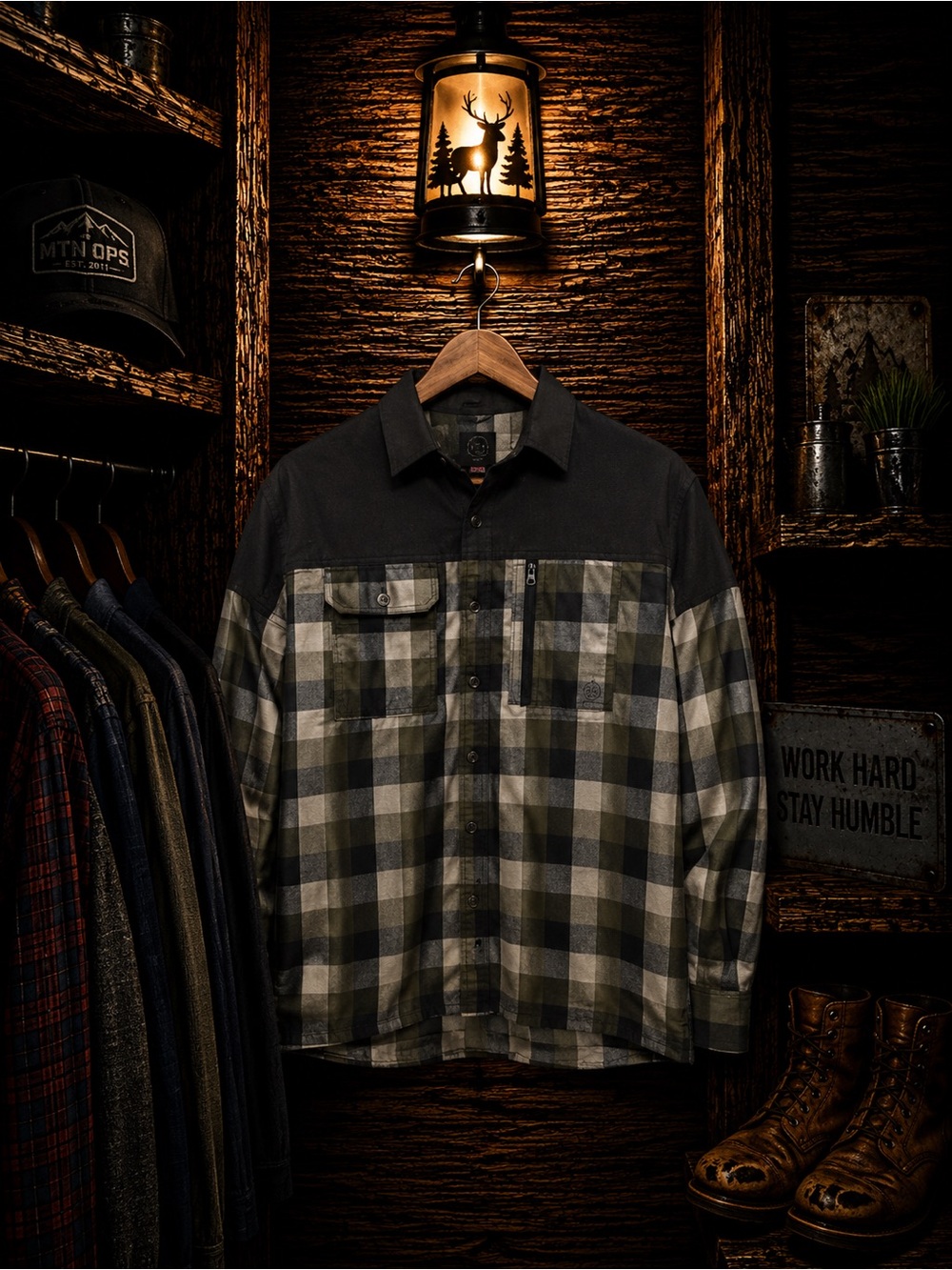 Wrangler ATG Button Up Flannel NWOT Mens X-Large Black and Olive